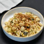 Lemony Ricotta Pasta with Zucchini and Corn topped with buttered bread crumbs