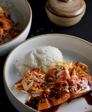 Air fryer teriyaki salmon in a bowl