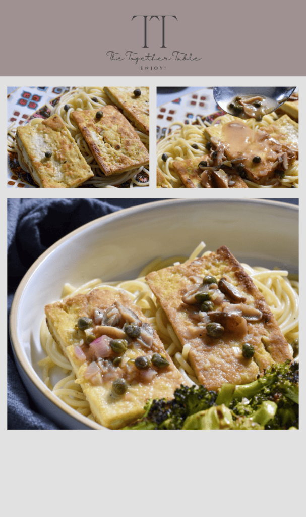 Easy Tofu Piccata [with lemon and capers]  in three images ready to be enjoyed. 1) Tofu plated on top of spaghetti, 2) tofu plated on top of spaghetti with sauce and 3 ) Tofu piccata plated with roasted broccoli