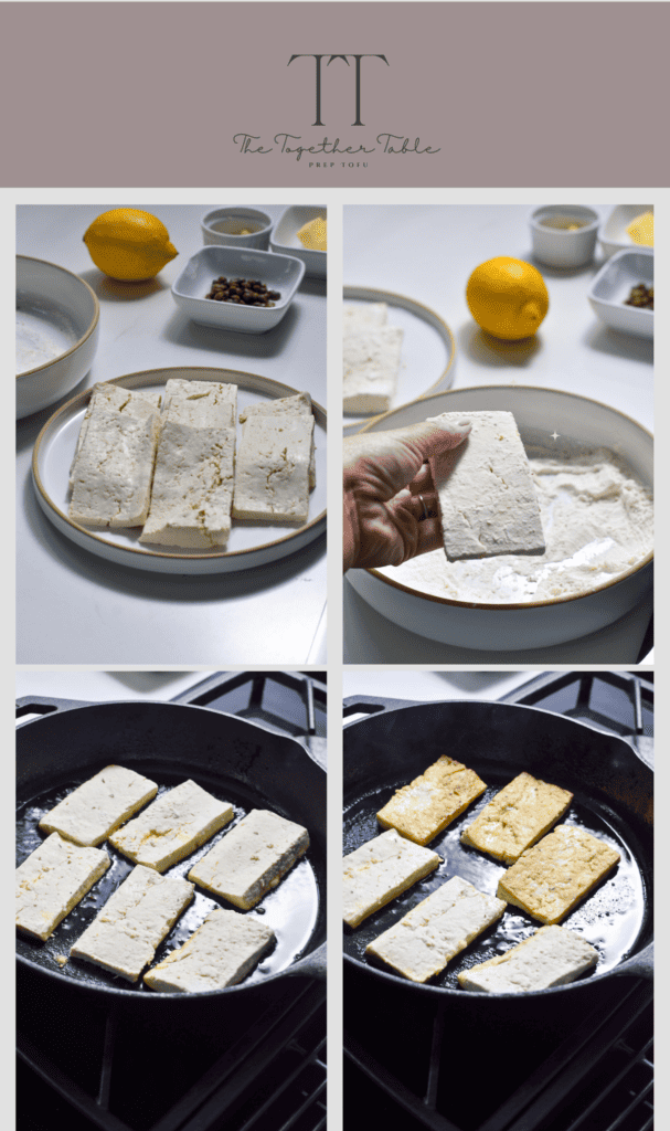 Easy Tofu Piccata [with lemon and capers] Steps for dredging tofu and pan frying tofu