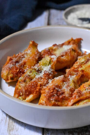 Healthy Stuffed Shells in a white dish