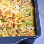 Pan of cooked lighter chicken and broccoli bake